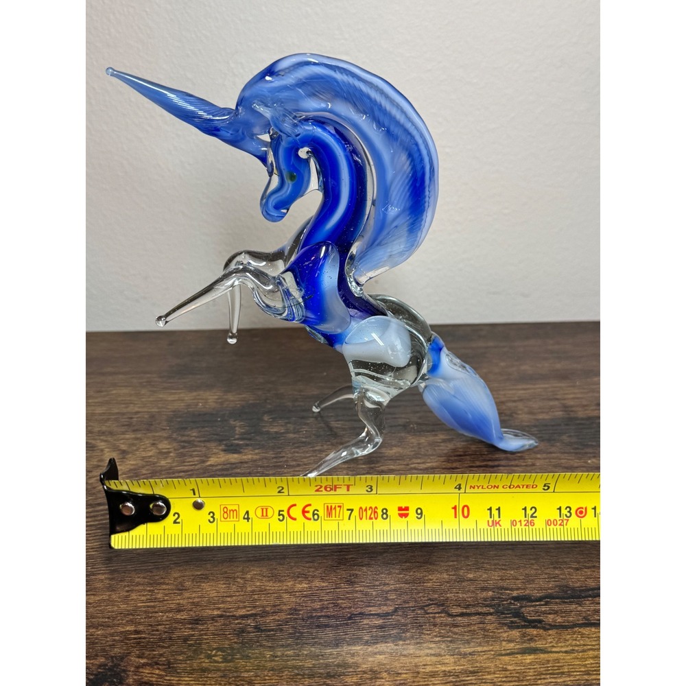 Blue Hand Blown Art Glass Rearing Unicorn Figurine Sculpture 6" Mystical Swirl - Picture 8 of 8